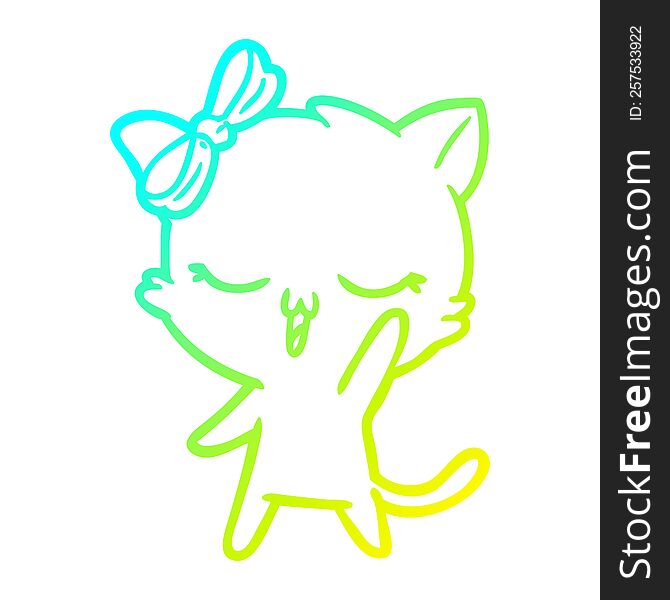 cold gradient line drawing cartoon cat with bow on head waving