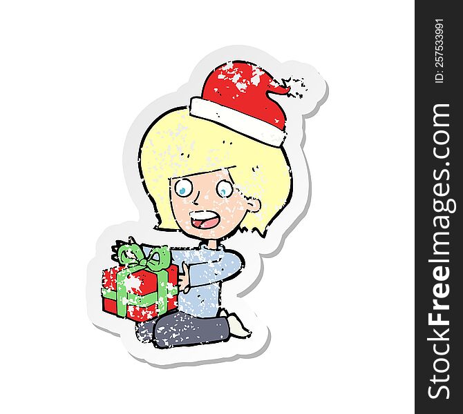 Retro Distressed Sticker Of A Cartoon Woman Opening Presents