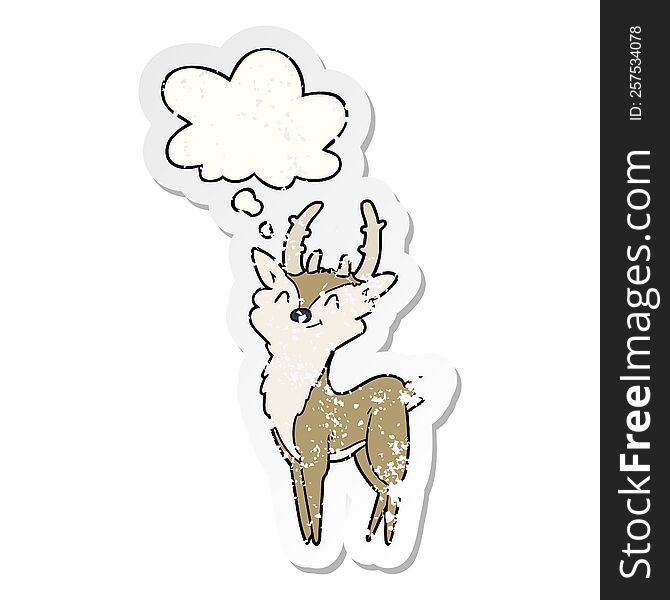 cartoon happy stag with thought bubble as a distressed worn sticker
