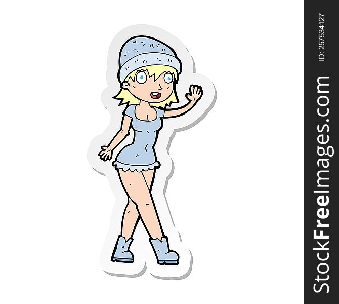 sticker of a cartoon pretty girl in hat waving