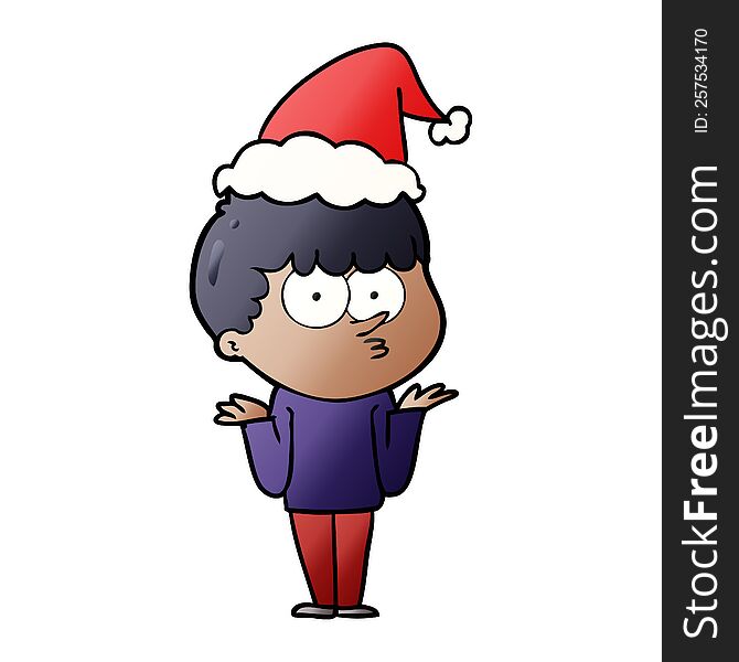 hand drawn gradient cartoon of a curious boy shrugging shoulders wearing santa hat