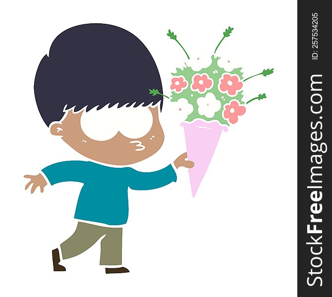 nervous flat color style cartoon boy with flowers
