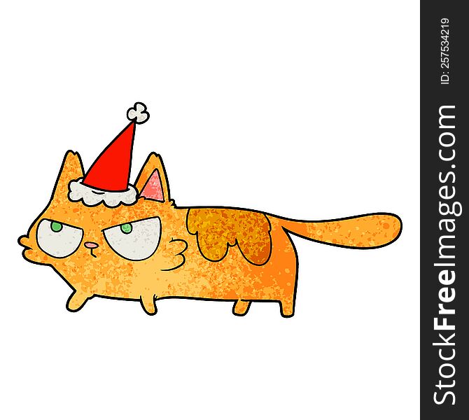hand drawn textured cartoon of a angry cat wearing santa hat