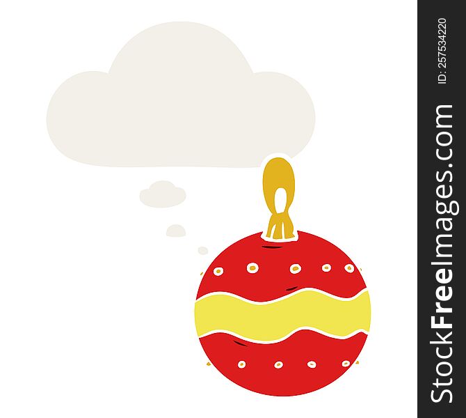 cartoon christmas bauble with thought bubble in retro style