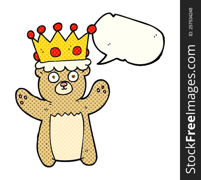 freehand drawn comic book speech bubble cartoon teddy bear wearing crown