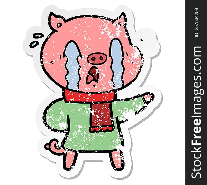 Distressed Sticker Of A Crying Pig Cartoon Wearing Human Clothes