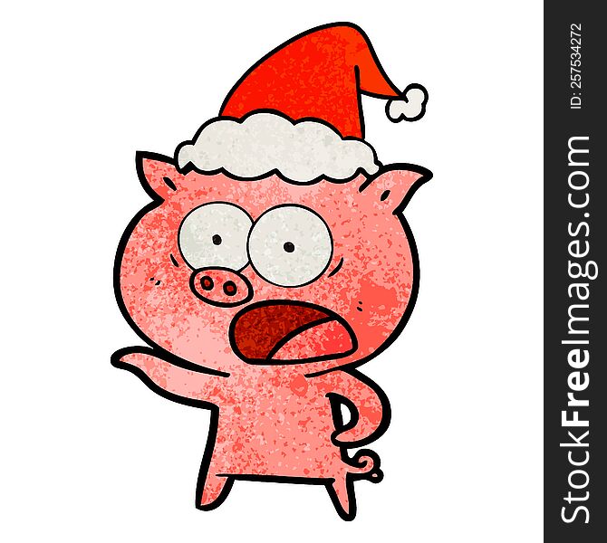 Textured Cartoon Of A Pig Shouting Wearing Santa Hat