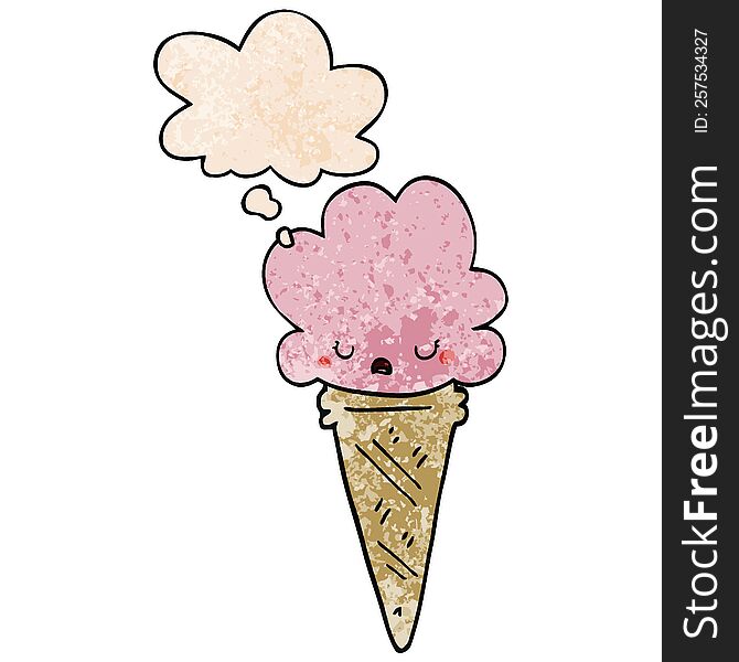 Cartoon Ice Cream With Face And Thought Bubble In Grunge Texture Pattern Style