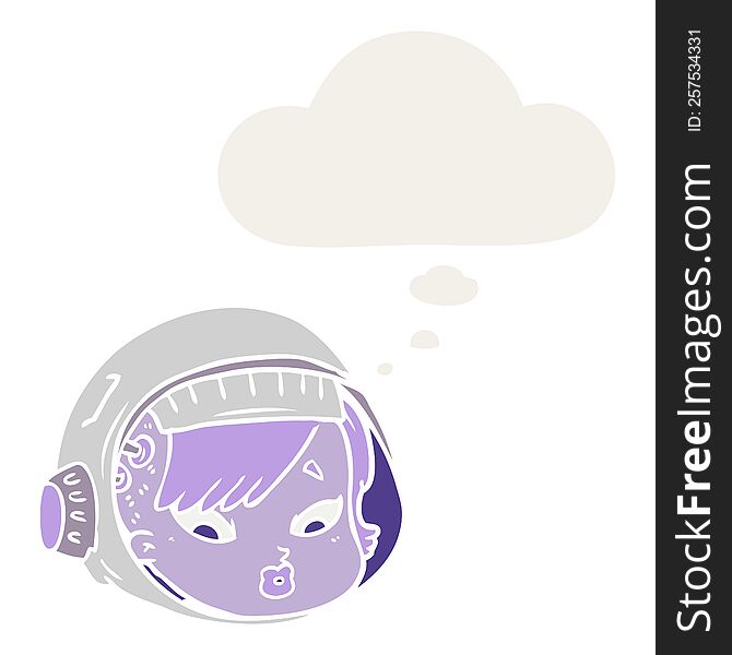 cartoon astronaut face with thought bubble in retro style