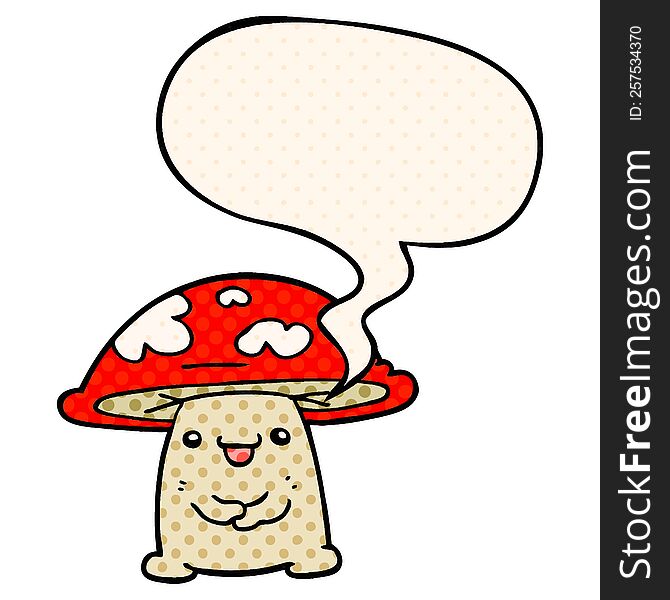 cartoon mushroom character with speech bubble in comic book style