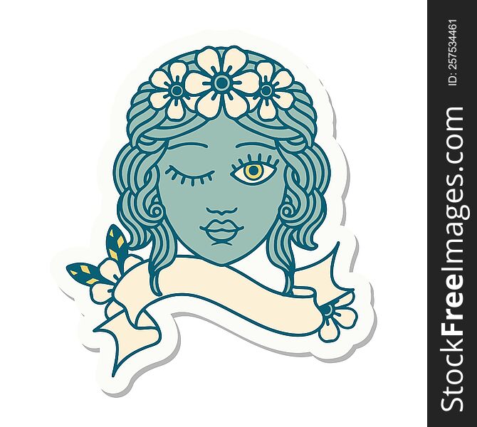 tattoo style sticker with banner of a maidens face winking