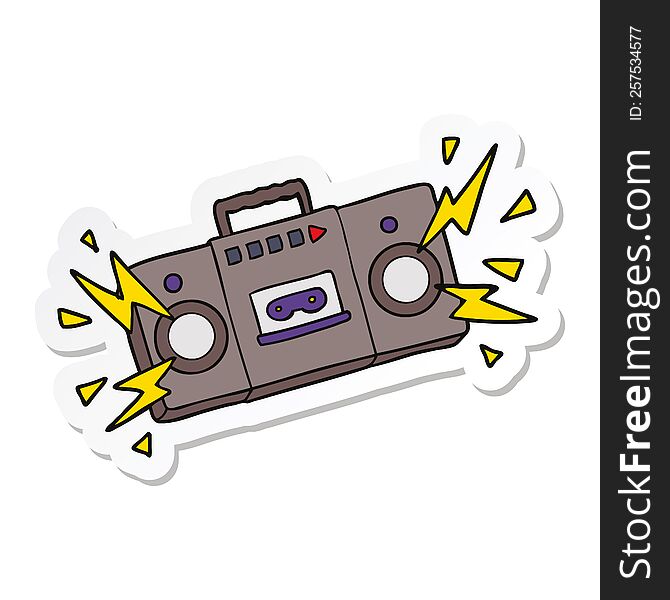 sticker of a retro cartoon tape cassette player blasting out old rock tunes
