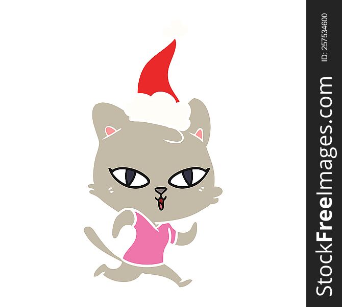 Flat Color Illustration Of A Cat Out For A Run Wearing Santa Hat