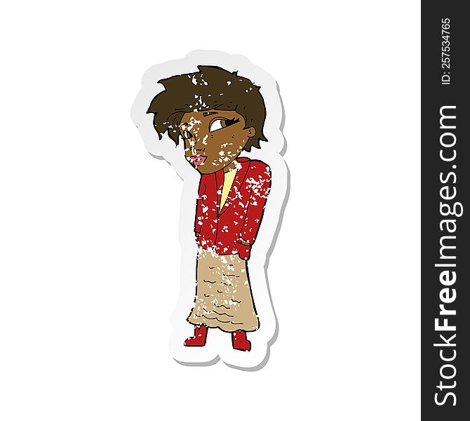 retro distressed sticker of a cartoon woman with hands in pockets