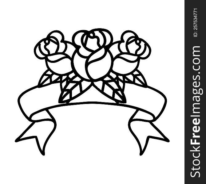 Black Linework Tattoo With Banner Of A Bouquet Of Flowers