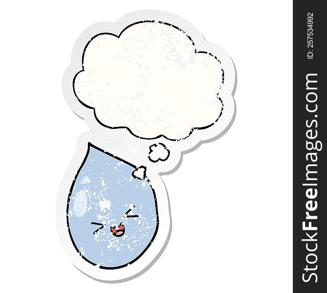 cartoon raindrop with thought bubble as a distressed worn sticker