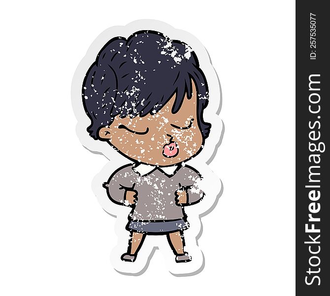 distressed sticker of a cartoon woman with eyes shut