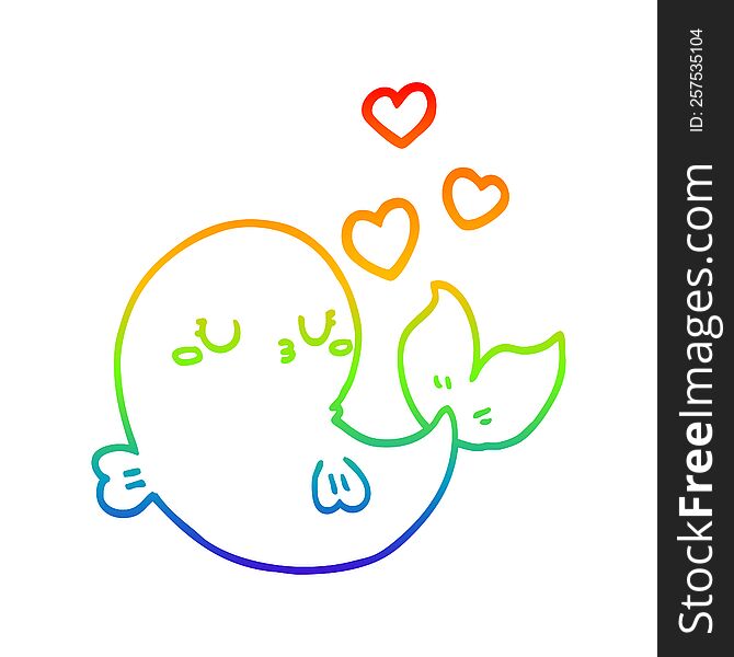 rainbow gradient line drawing of a cute cartoon whale in love
