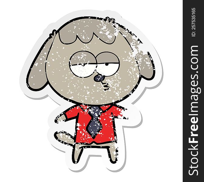 Distressed Sticker Of A Cartoon Bored Dog In Office Clothes