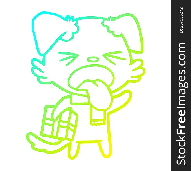 cold gradient line drawing of a cartoon disgusted dog with christmas gift
