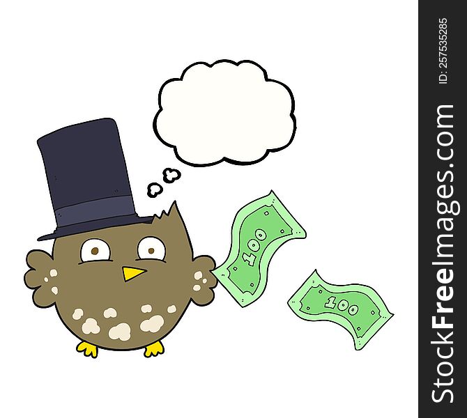 freehand drawn thought bubble cartoon wealthy little owl with top hat
