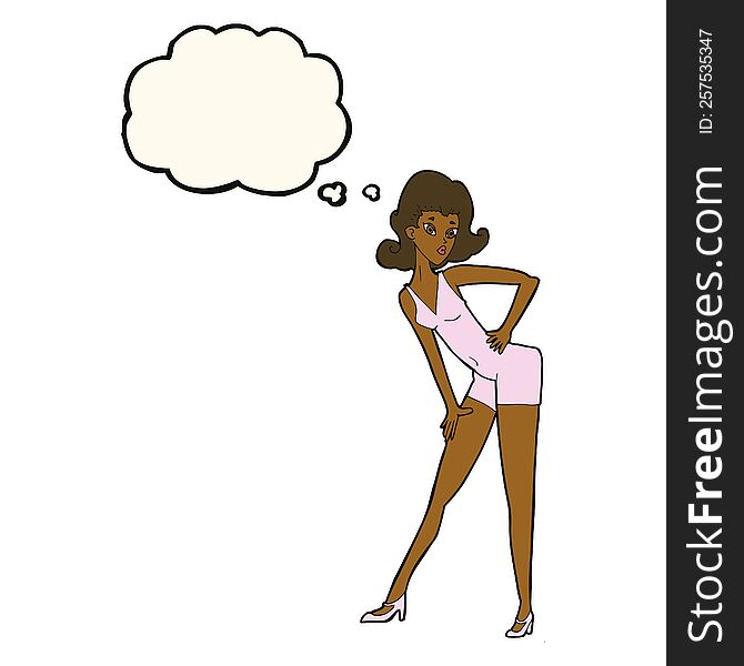 cartoon model woman posing with thought bubble