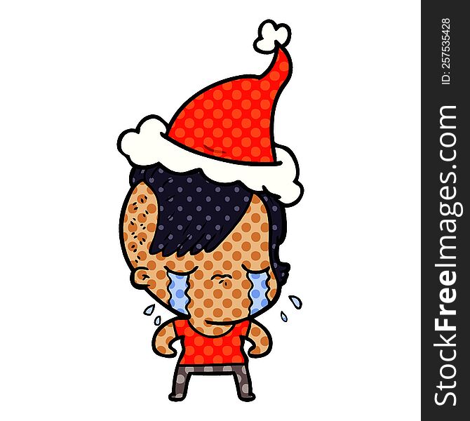 hand drawn comic book style illustration of a crying girl wearing santa hat