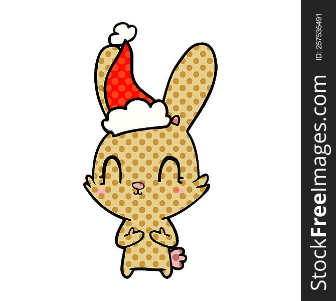 cute hand drawn comic book style illustration of a rabbit wearing santa hat