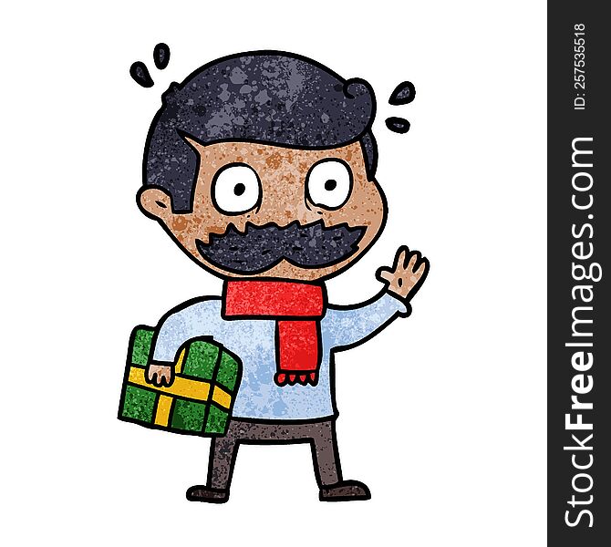 cartoon man with mustache and christmas present. cartoon man with mustache and christmas present
