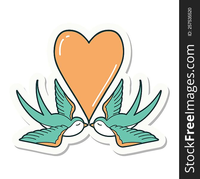 sticker of tattoo in traditional style of swallows and a heart. sticker of tattoo in traditional style of swallows and a heart