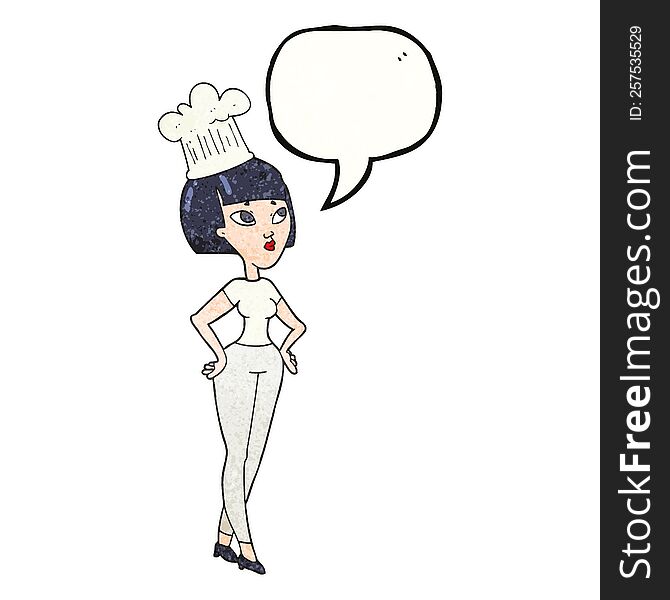 freehand speech bubble textured cartoon female chef. freehand speech bubble textured cartoon female chef