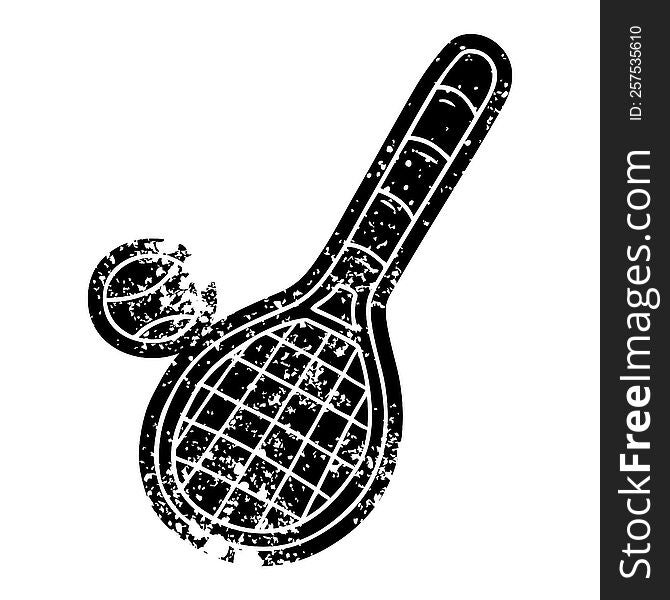 grunge distressed icon tennis racket and ball. grunge distressed icon tennis racket and ball