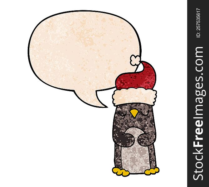 Cartoon Christmas Penguin And Speech Bubble In Retro Texture Style