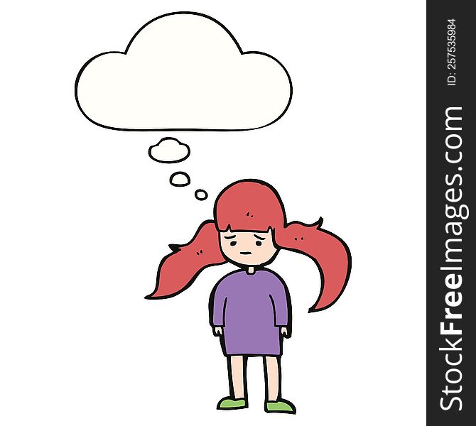 cartoon girl with long hair with thought bubble