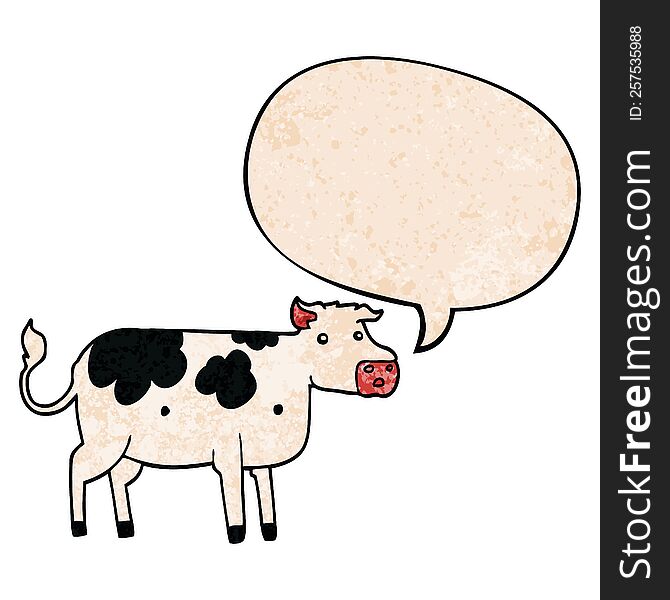 cartoon cow with speech bubble in retro texture style