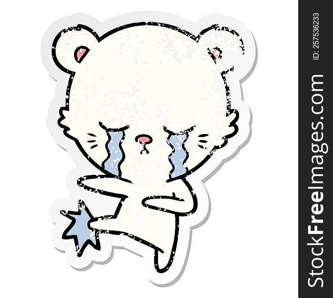 distressed sticker of a crying cartoon polar bear kicking out