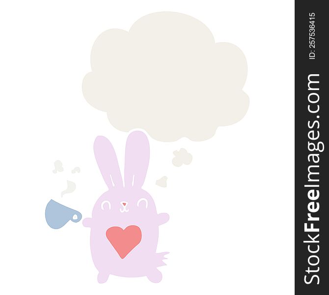 cute cartoon rabbit with love heart and coffee cup with thought bubble in retro style