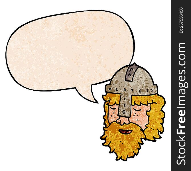 cartoon viking face with speech bubble in retro texture style