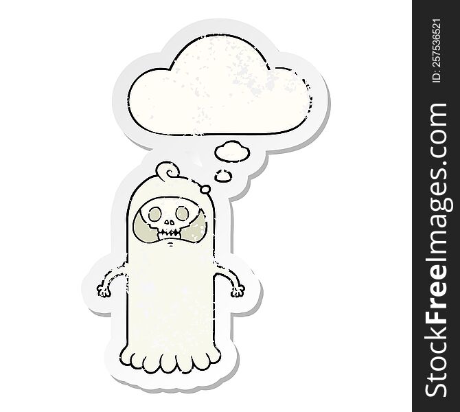 Cartoon Spooky Skull Ghost And Thought Bubble As A Distressed Worn Sticker