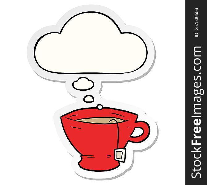 cartoon cup of tea with thought bubble as a printed sticker