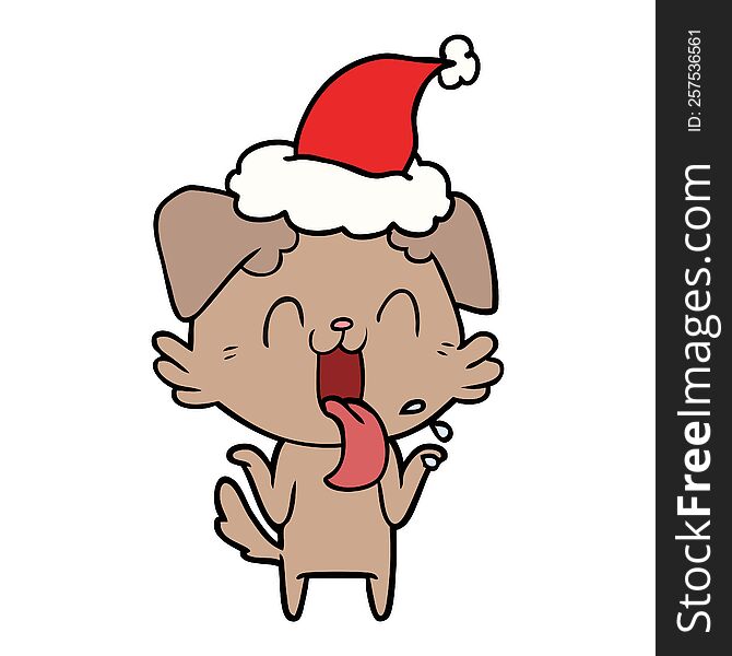 hand drawn line drawing of a panting dog shrugging shoulders wearing santa hat