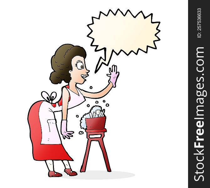 cartoon housewife washing up with speech bubble