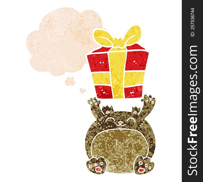 Cute Cartoon Christmas Bear And Thought Bubble In Retro Textured Style