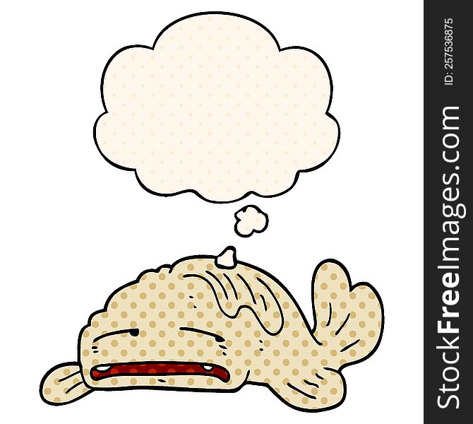 cartoon sad old fish with thought bubble in comic book style