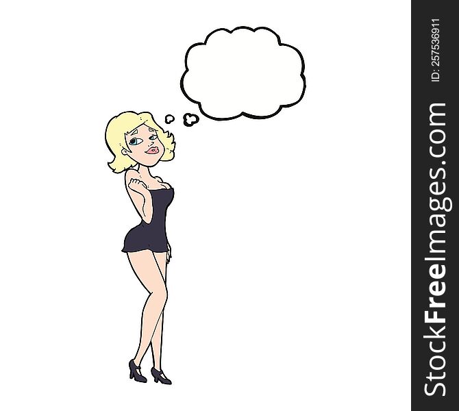 cartoon attractive woman in short dress with thought bubble