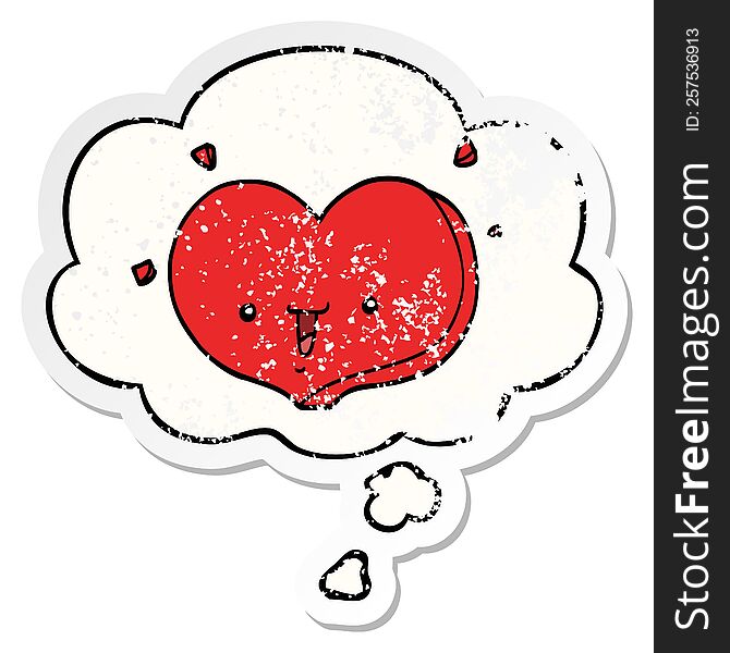 cartoon happy love heart with thought bubble as a distressed worn sticker