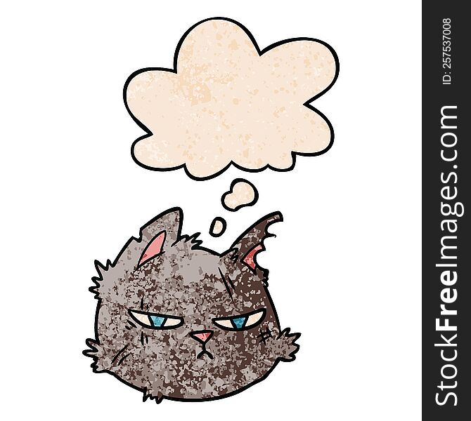 Cartoon Tough Cat Face And Thought Bubble In Grunge Texture Pattern Style