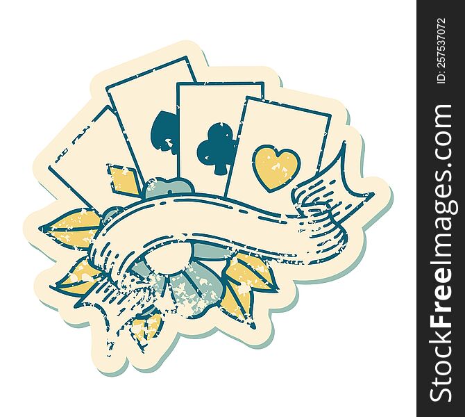 distressed sticker tattoo style icon of cards and banner