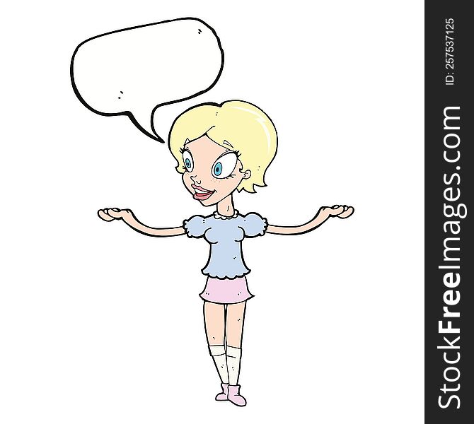 cartoon woman with arms spread wide with speech bubble