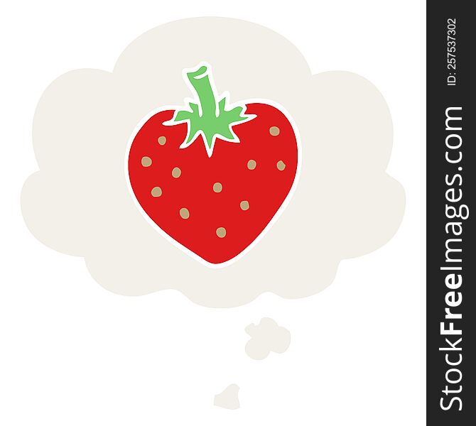 cartoon strawberry with thought bubble in retro style